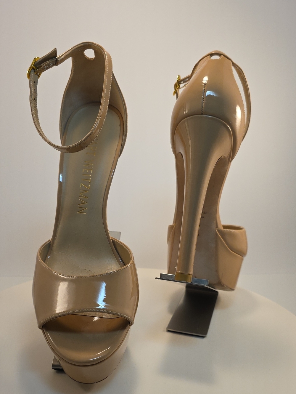 Stuart Weitzman Nude Patent Leather Platform Ankle-Strap Heels